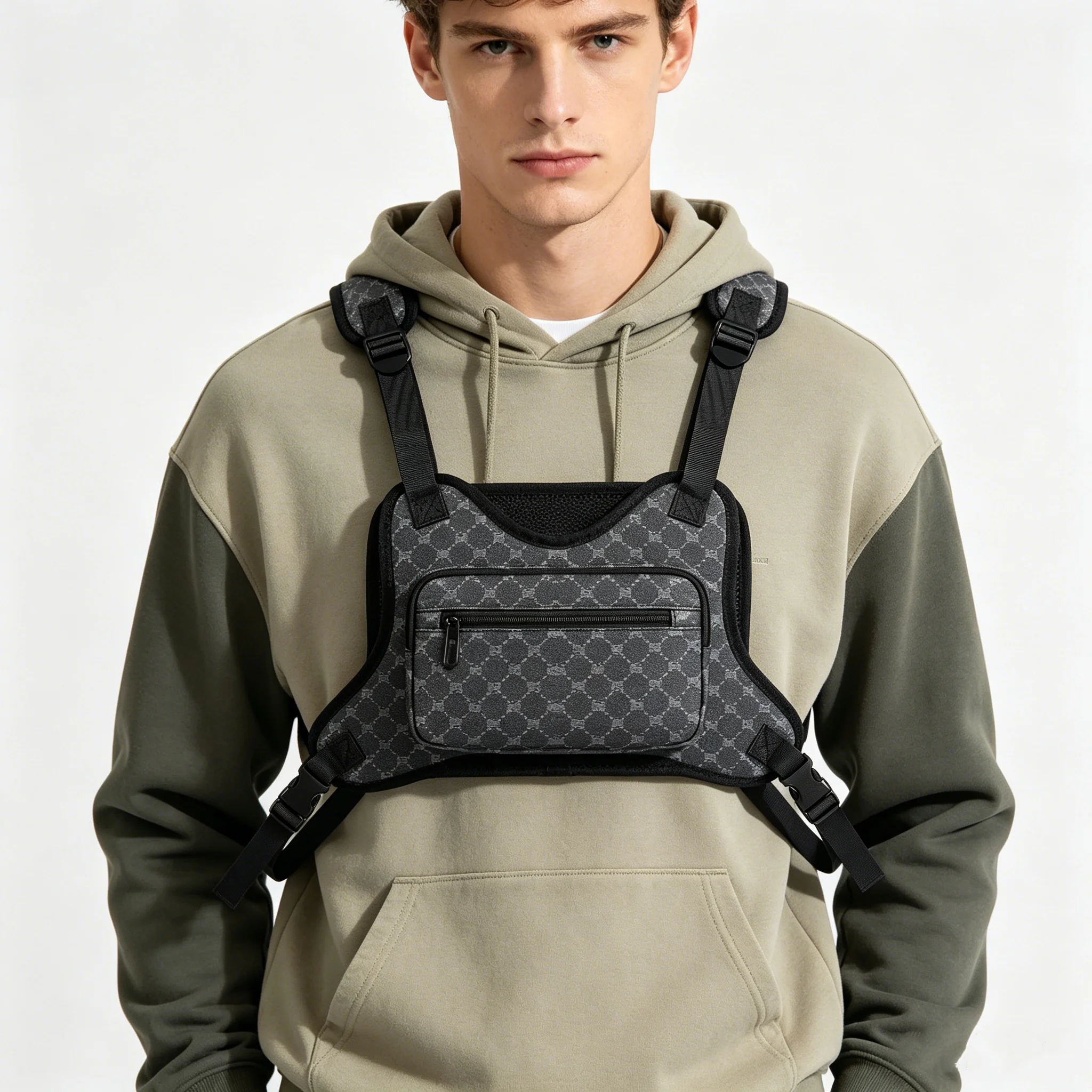 

Men Black Monogram Print Chest Rig Bag Adjustable Tactical Harness Chest Vest Bag Streetwear Techwear Chest Bag With Zipper Pock