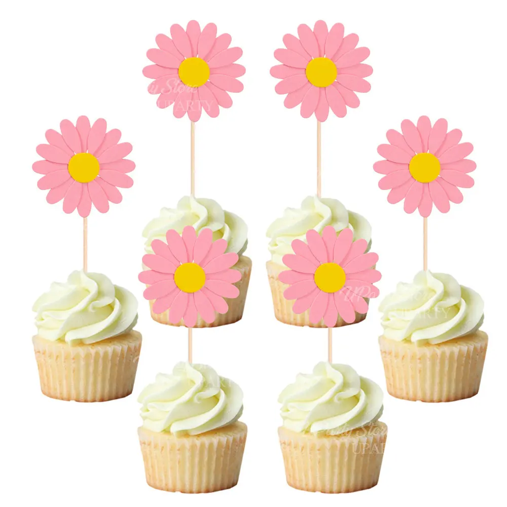 24 Stück Gänseblümchen-Cupcake-Topper, rosa, gelb, weiß, Gänseblümchen-Kuchenaufsätze für Babys in Bloom, Babyparty, Geburtstagskuchen-Dekoration, Gastgeschenk – Detail 9