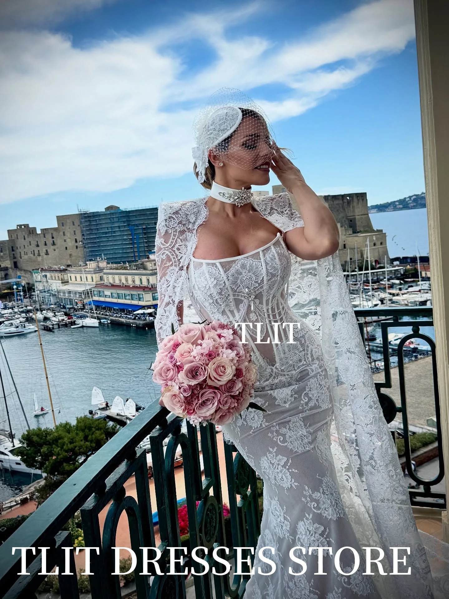 TLIT Luxurious Lace Mermaid Wedding Dresses Customized Sweetheart  فساتين زفاف Lace Shawl Pearls Bridal Gowns
