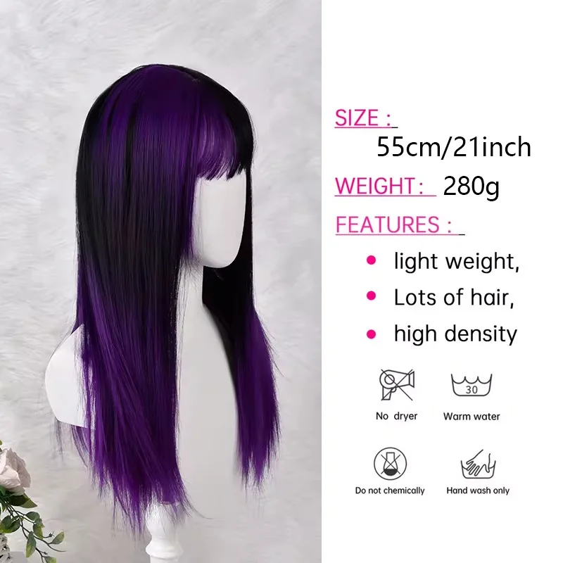 Half Black Half Purple Split Color Wig Long Straight with Bangs Synthetic Hair for Women Cosplay Halloween Party