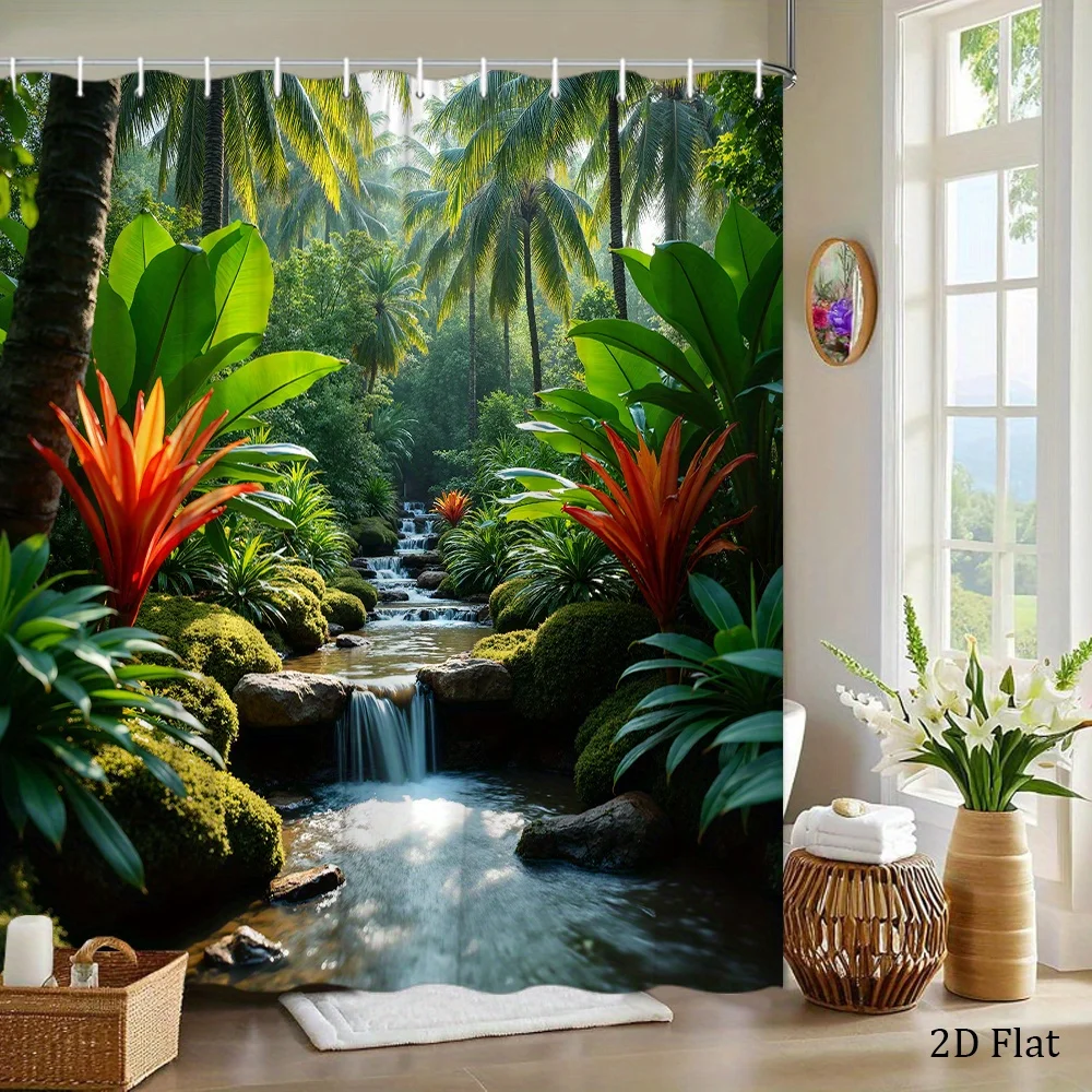1pc Tropical Garden Stream Shower Curtain Lush Greenery and Cascading Water with Bright Flowers Bath Decor with 12 Hooks 70.8x70