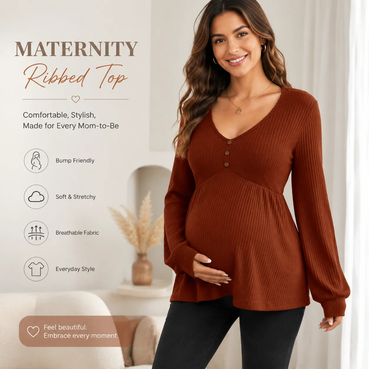 Maternity Clothes for Pregnant Women V Neck Dress Pregnancy Photoshoot Clothing Solid Color Top Long-sleeved Pullover T-shirt