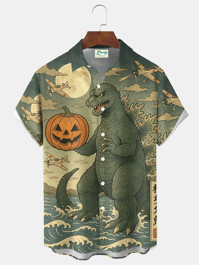 

Men's Retro Shirts Cartoon Animals And Pumpkin Hallowwen Theme Short Sleeve Shirt Fashion Featival Men's Shirts Japanese Style