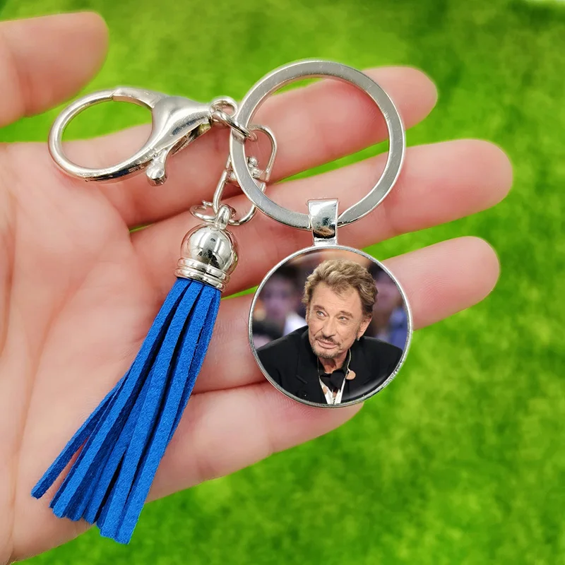 Rock Star Johnny Hallyday Keychain Tassel Pendant Glass Crystal Metal Key Chain for Men Women Key Rings Jewelry Gift