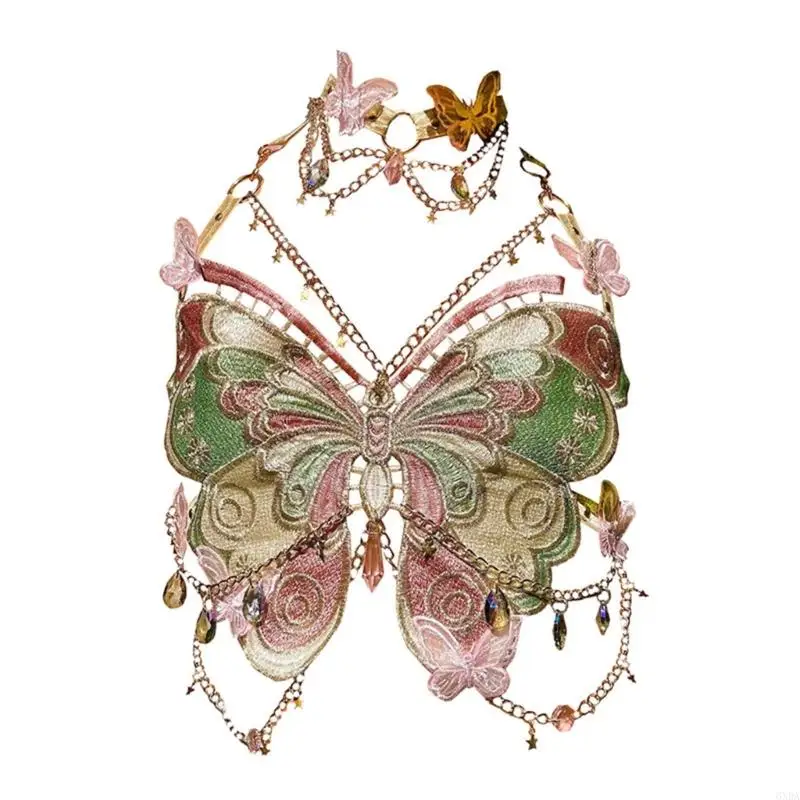 

Modern Embroidery Butterfly Design Metal Chain Decorated Sleeveless Crop Top 6XDA