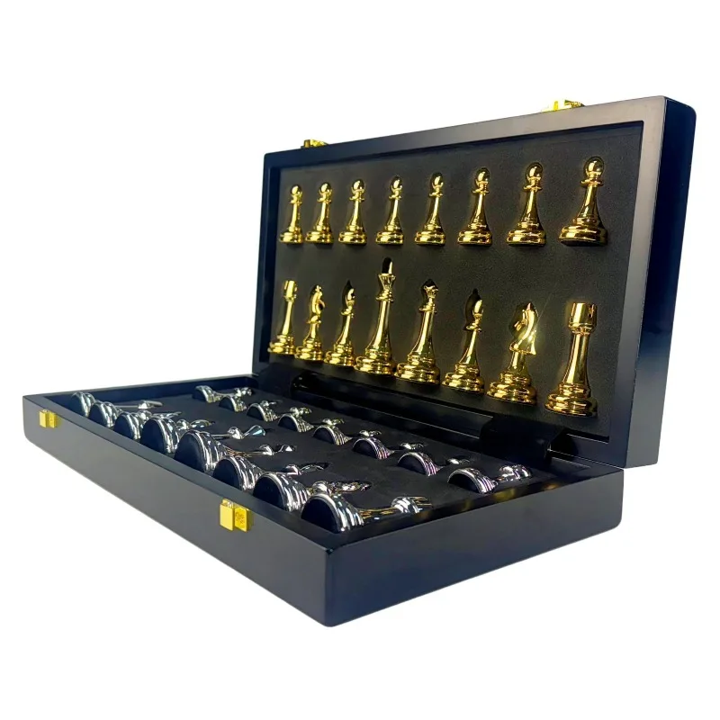 15-Inch Wooden Chess Set Portable Foldable Board Large Gold & Silver Pieces for Table Game