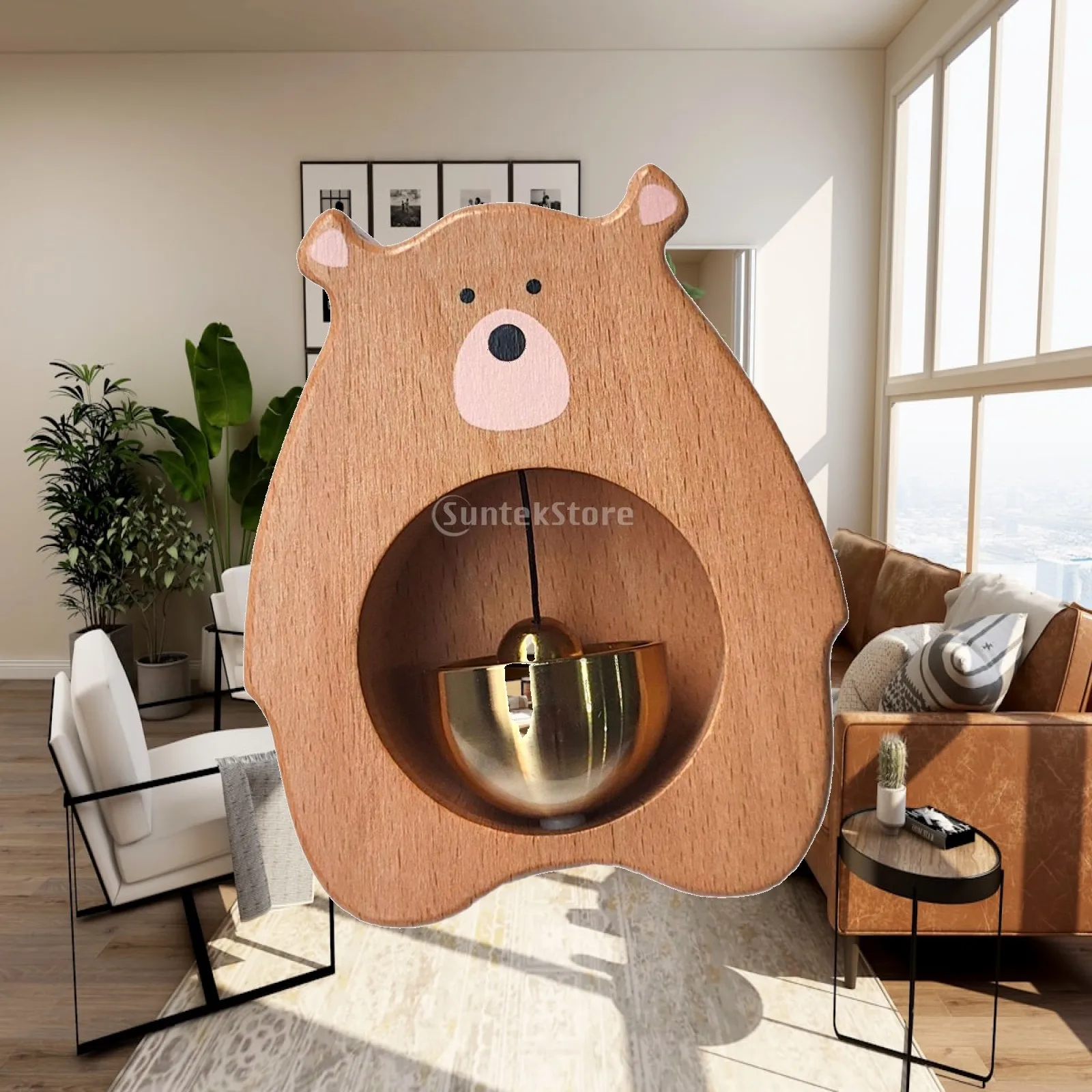木製クマ型ドアチャイム-磁気式エントリーベル-装飾用ワイヤレスドアベル-庭、店舗、家庭用