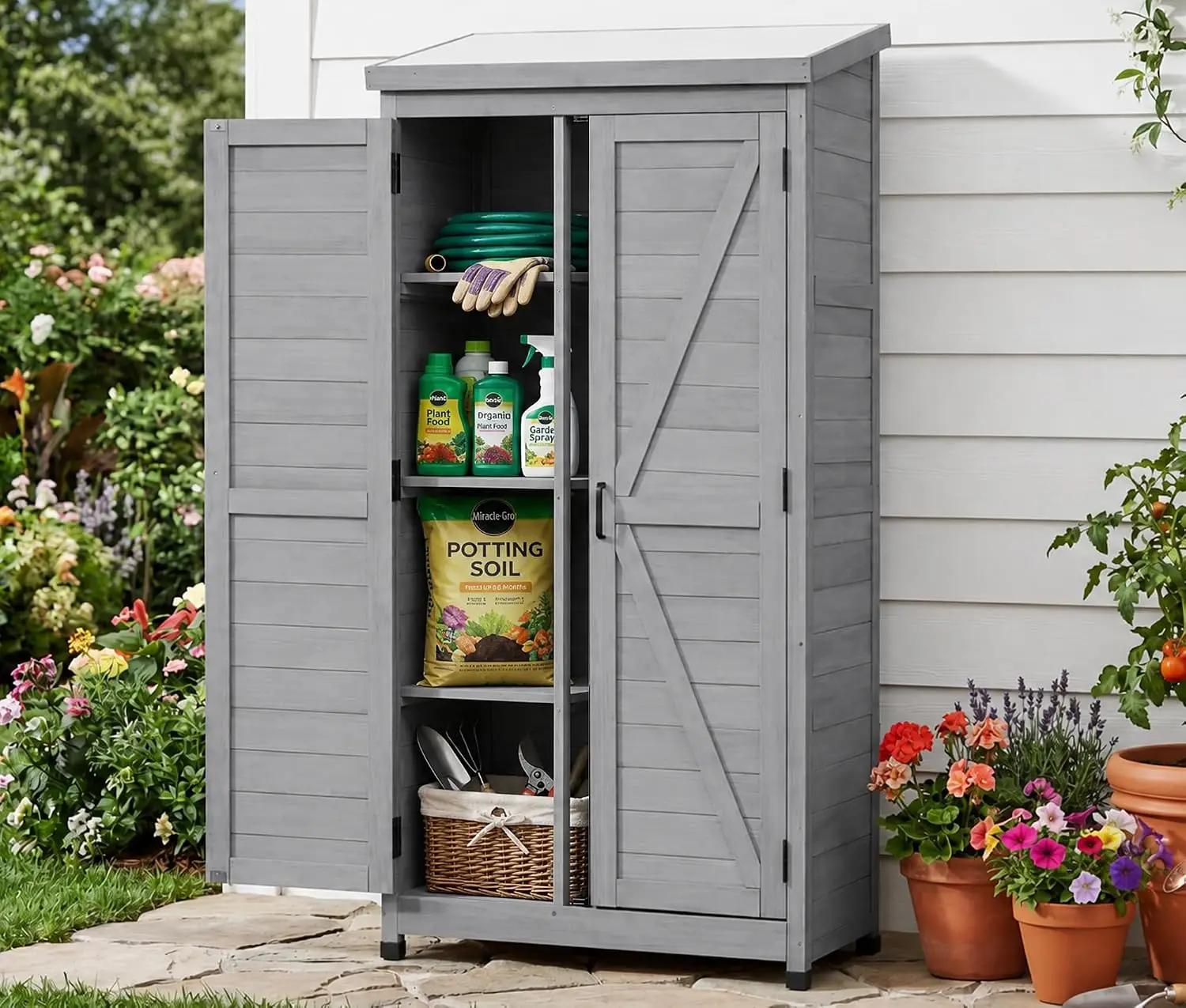 68'' Outdoor Storage Cabinet Wooden Tool Shed Metal Top Vertical Work Surface Flexible Organization Patio Garden, Customized
