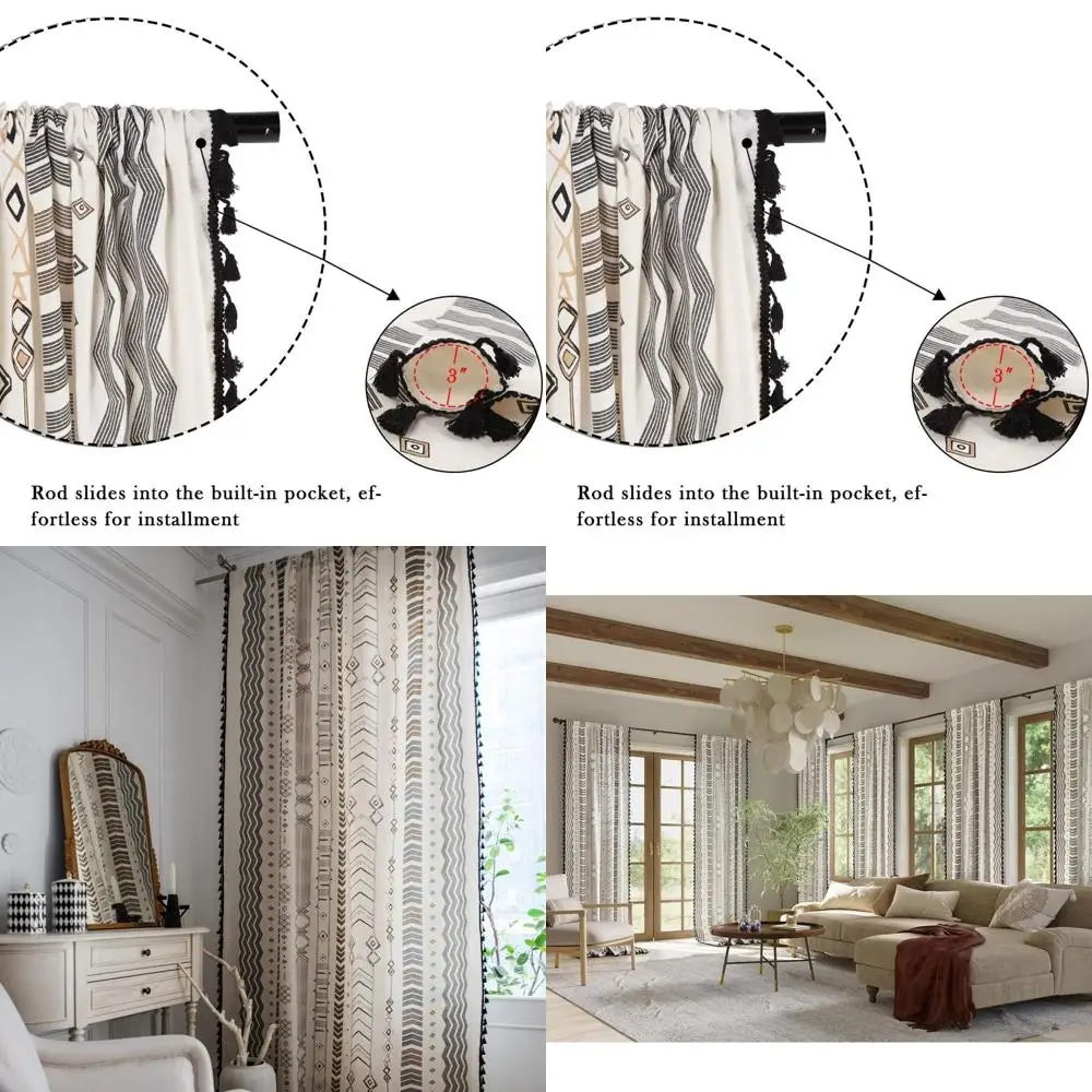 

Черно-белые шторы в стиле ацтеков и бохо, длиной 108 дюймов, комплект из 2 панелей с бахромой для двери на террасу