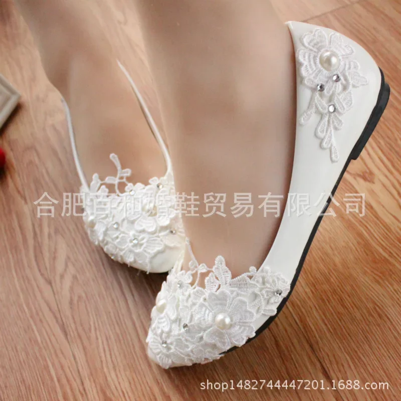 Shoes Quality High Heels Women Pumps Wedding PU Flat 3 5 8CM Thin Heels Fashion Rhinestone Lower Shallow Lace Woman Shoes White