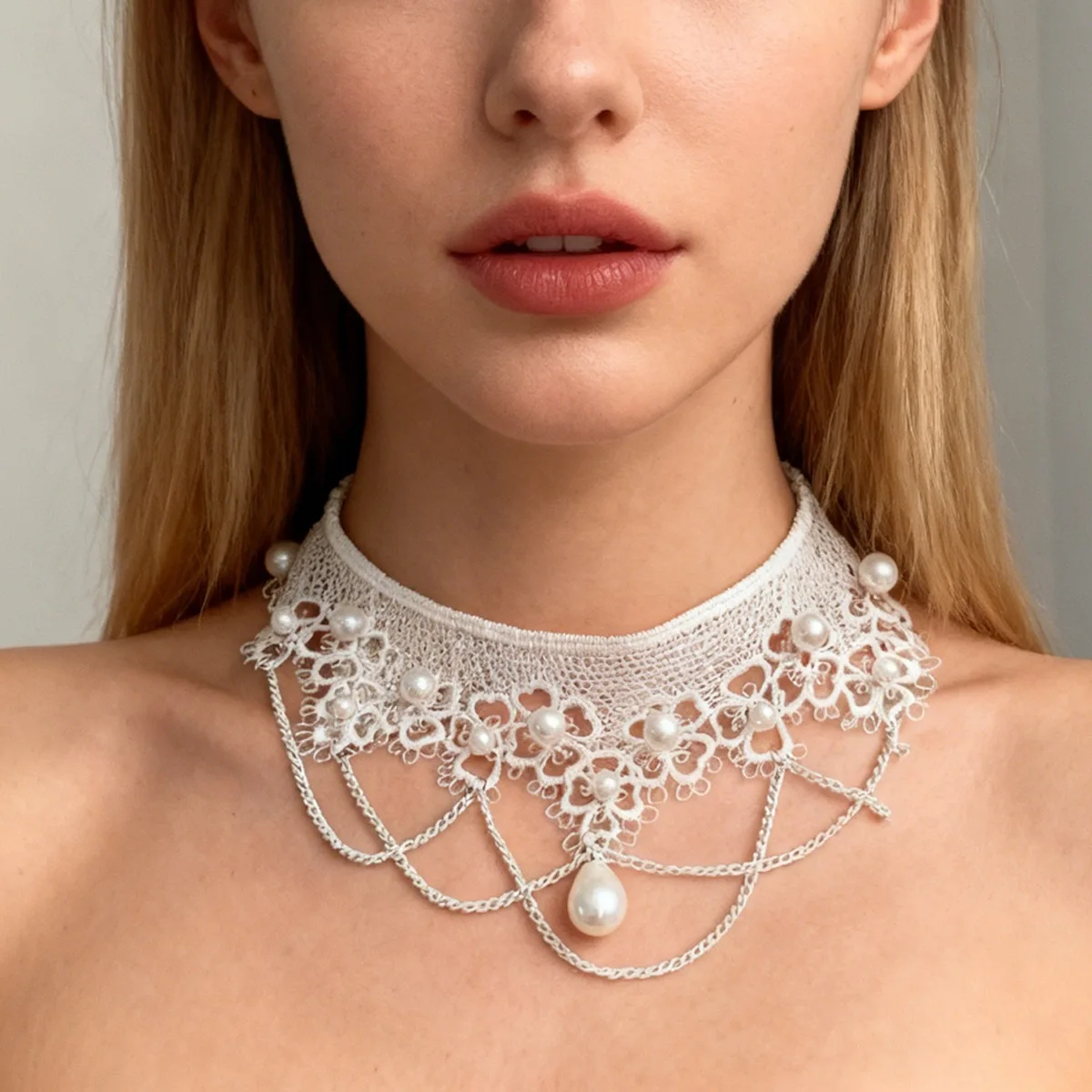 Punk Y2K Imitation Pearl White Lace Choker Necklaces Women Wedding Tattoo Tassel Lace Pendant Choker Necklace Bridal Jewelry