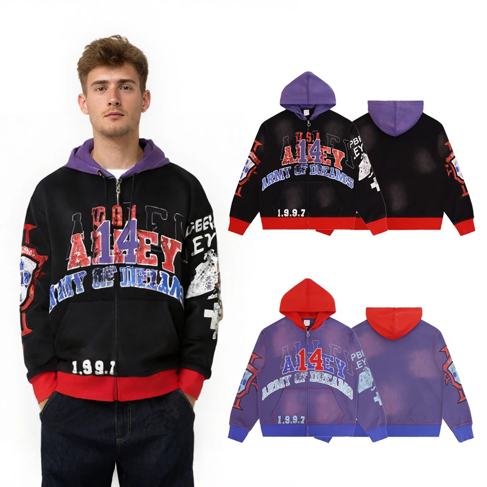 

Vintage Clothing Men Patch Work Graphic Zipper Hoodies Streetwear Casual Hip Hop Street Style Distressed Cotton Retro Sweatshirt