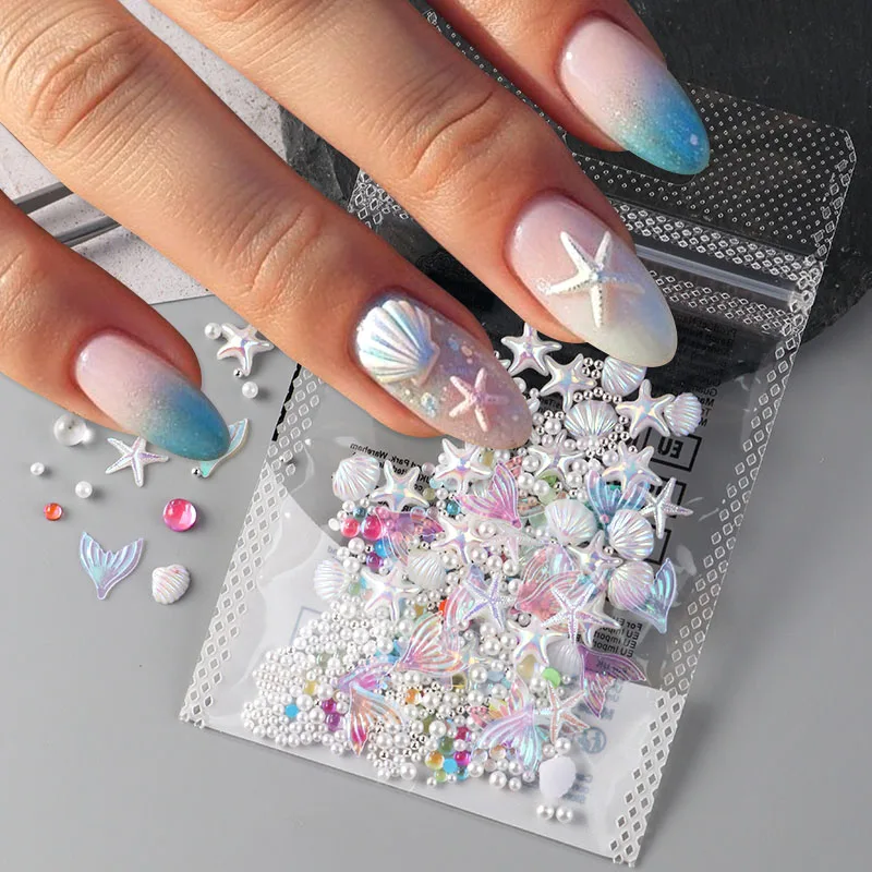 Summer Ocean Aurora Nail Charms 3D Shell Starfish Fish Tail Pearl Bead Nail Jewelry Gems Y2K Iridescent Mermaid Decor Manicure