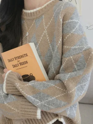 

Loose Knitted Sweater Women's Vintage V-ne Diamond Plaid College Sle Autumn Winter New Arrival Polyester Fiber Long Sve
