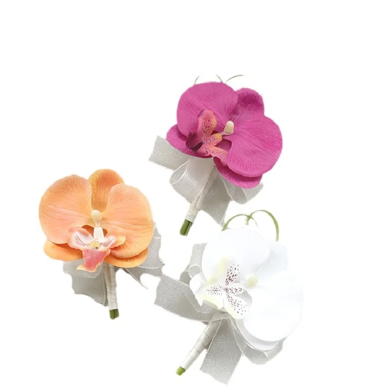 Boutonniere i nadgarstek akcesoria ślubne Phalaenopsis sztuczny kwiat uroczystości biznesowe otwierające gości 530