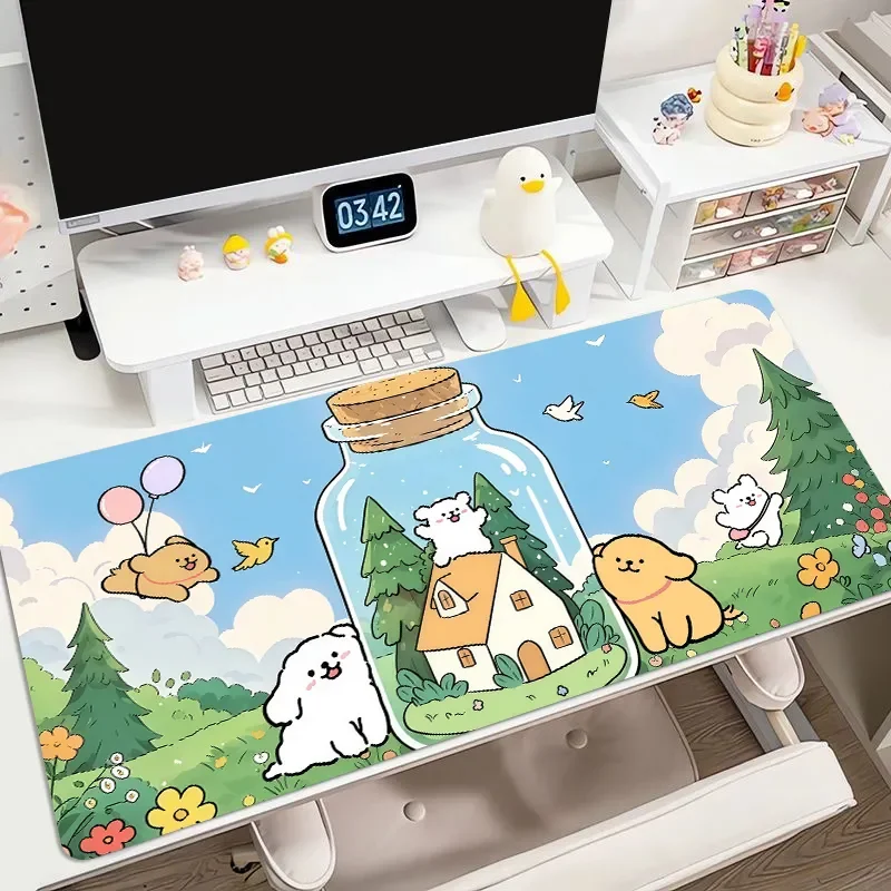 Cute Line Art Dog Kawaii Mouse Pad - Extra Large Cartoon Desk Mat for Office/Dorm, Non-Slip Keyboard Pad for Computer & Laptop