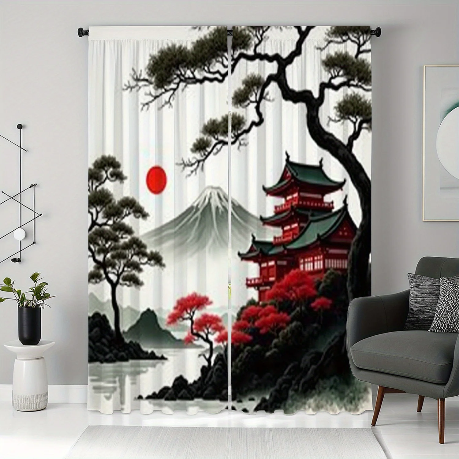 2pc Fuji & Sakura Curtains – Red Maple Print, Sheer Rod Pocket for Living Room, Bedroom & Study