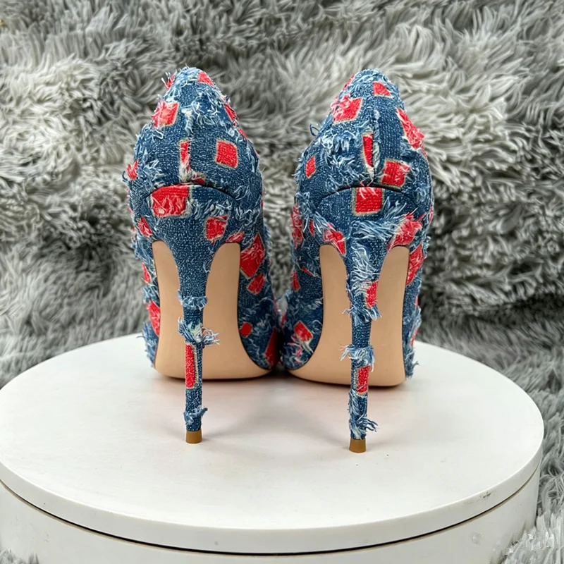 Women's Frayed Denim Red Stiletto Pumps - Distressed Pointed Toe High Heels for Streetwear, Party & Night Out