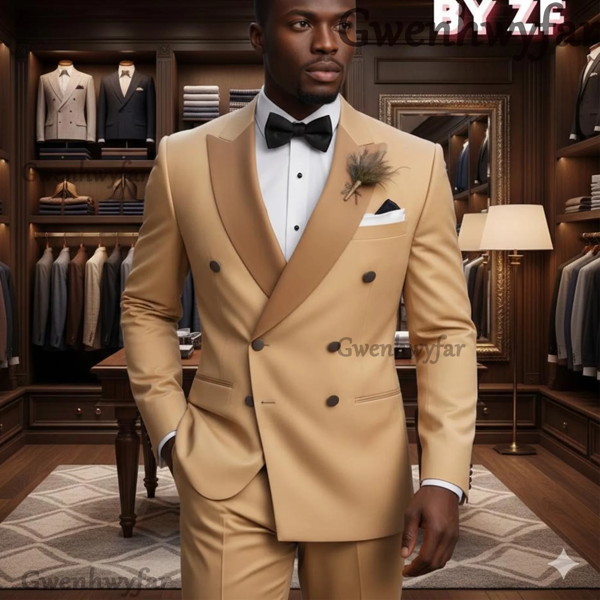 Gwenhwyfar Light Brown Irregular Pocket Cover Men's Blazers Suit Double Breasted 2-Pieces Stand Laple Classic Formal Male Party
