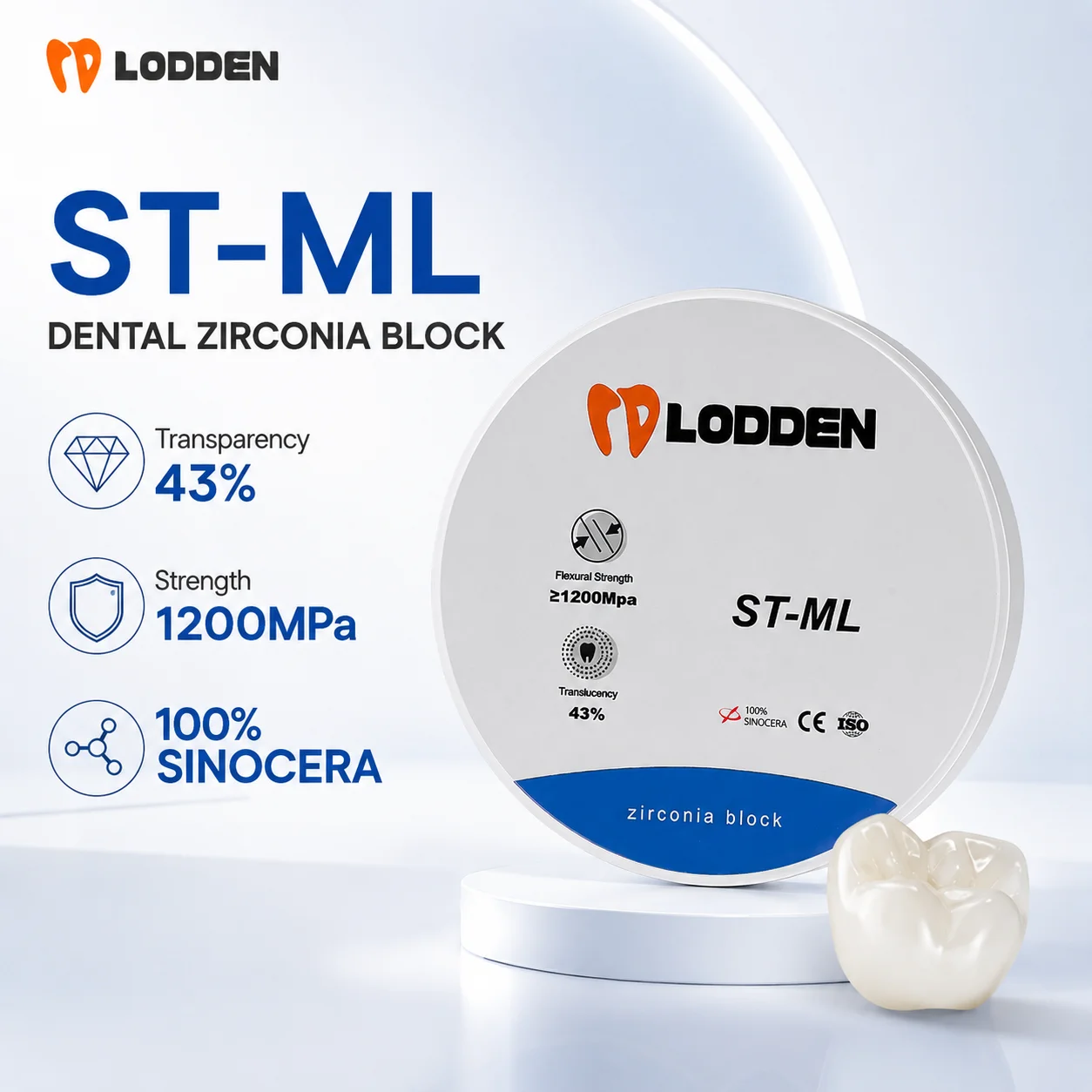Lodden ST-ML Dental Zirconia Block 98mm Multilayer For CAD CAM Open System Transparency 43% High Strength Dental Lab Material