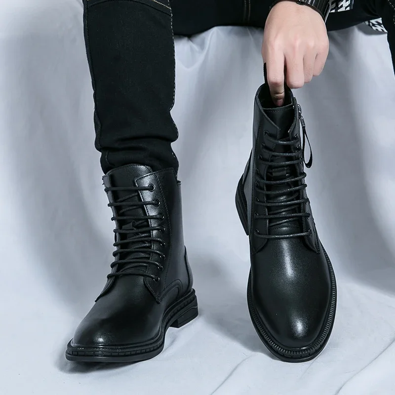 2024 Mens High Top British Style Thick Bottom Motorcycle Boots Leather Black Laced Denim Boots Round Toe Side Zipper Punk Boots