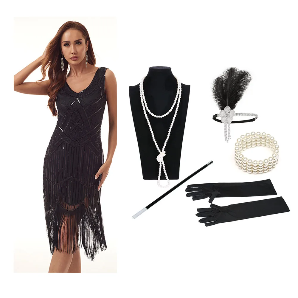 

1920s Flapper Dress 5 Piece Accessories Set Vintage Sequin Tassel Great Gatsby Charleston Party Dance Dress Headband Necklace