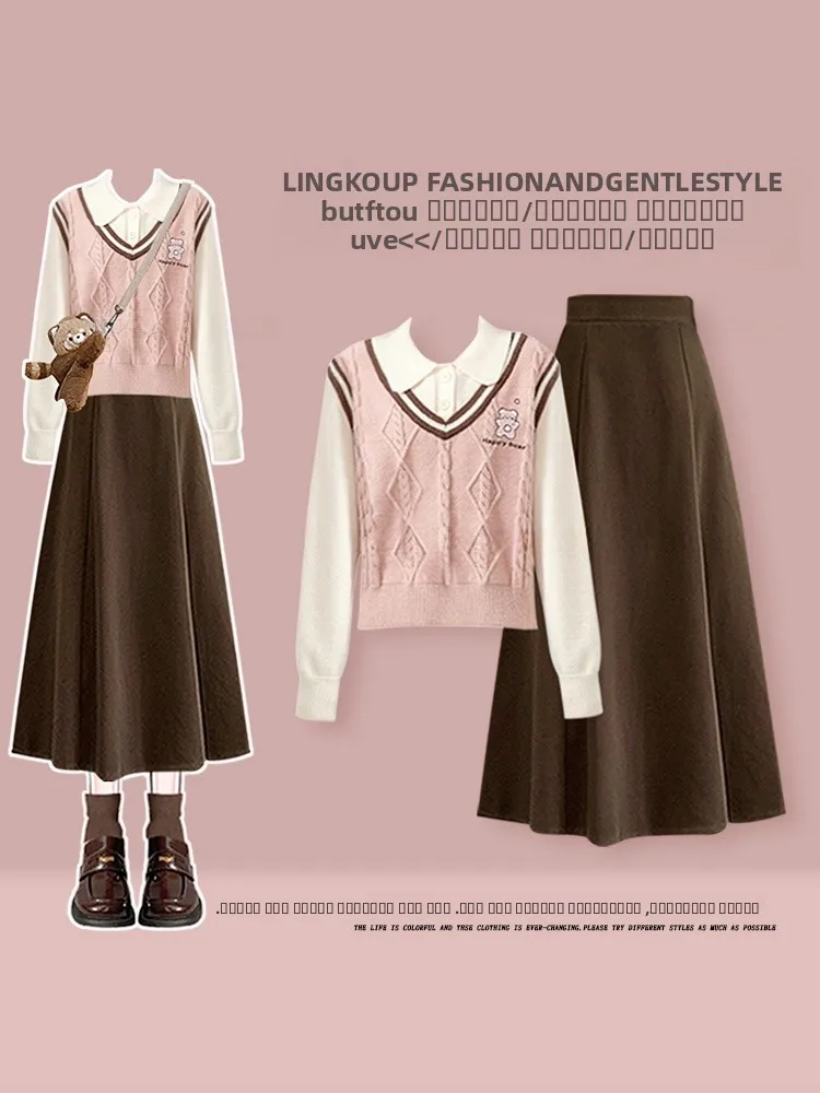 

Sweet Knitted Sweater And High Waist Skirt Two-Piece Set for Women Autumn Winter College Sle plus Size Faion Ensemble