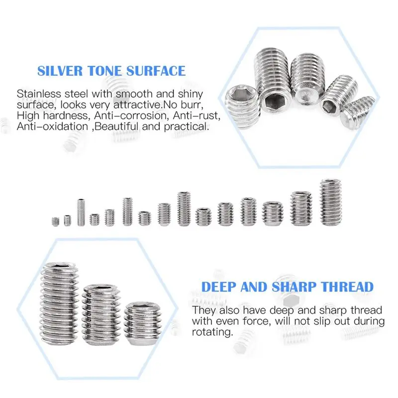 B50C M3//M5/M6/M8 Allen Head Sockets- 420Pcs 304 Stainless Steel Internal Hex Drive Grub Screw Assortment Set Screw Kit