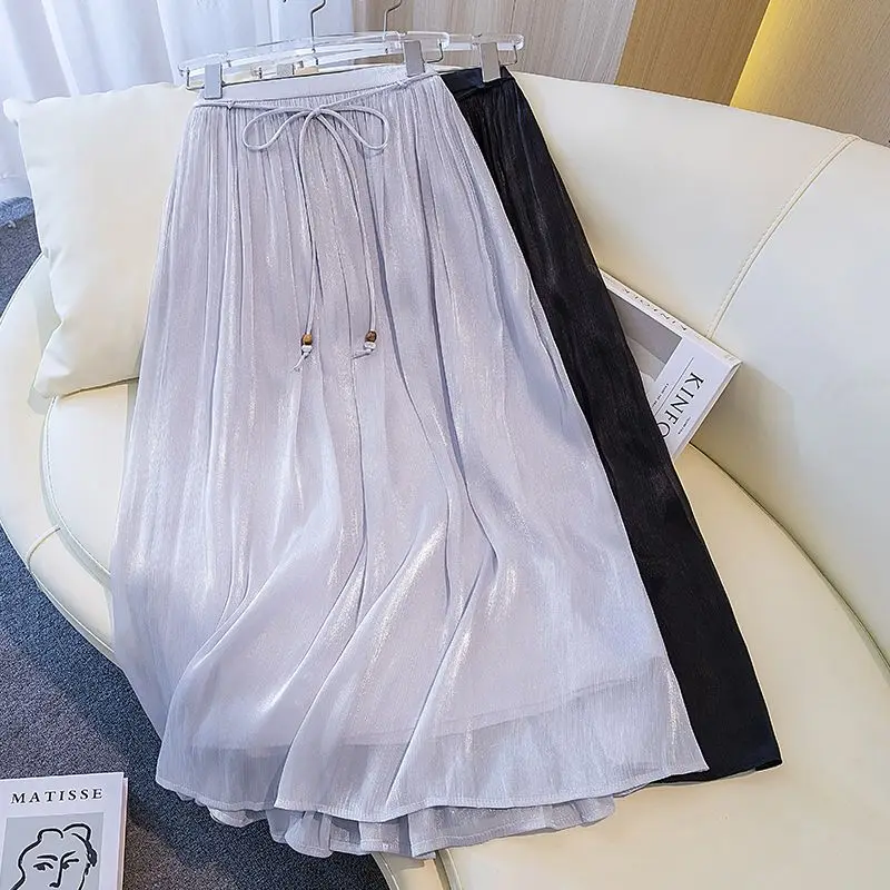 Summer new solid color fashion half skirt women versatile high waist slimming elastic waist drawstring A-line mid length skirt