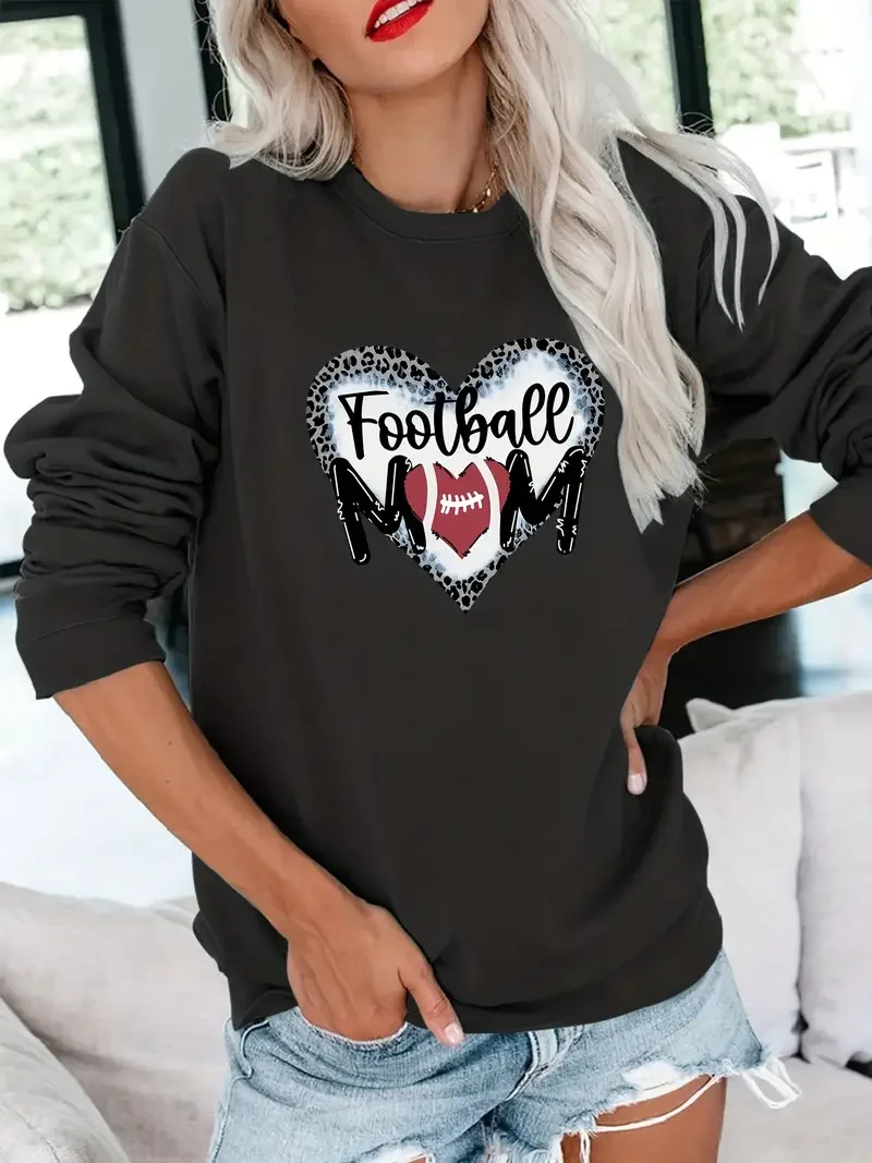 Football Mom Print Sweatshirt, Casual Long Sleeve Crew Neck Sweatshirt, Women's Clothing