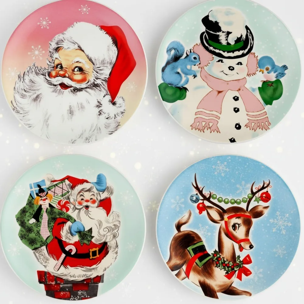 

4-Piece Pastel Ceramic Plates Set, 8 Inch Christmas Dinnerware with Santa Snowman Reindeer Design