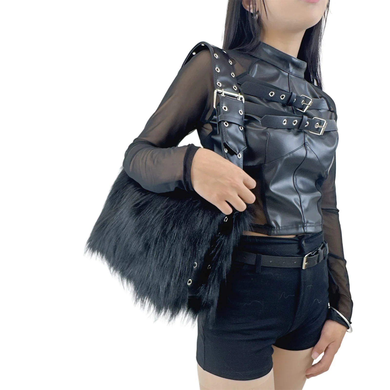 Y2K fox faux fur women's bag shoulder-slung crossbody large capacity motorcycle-style plush bag view 5