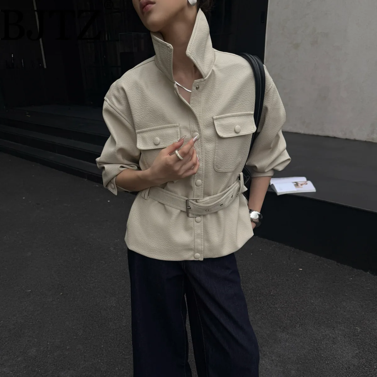 

BJTZ Lapel Solid Trench Short Jacket For Women 2025 Spring Autumn New Long Sleeve Belt Waist Trendy Female Office Lady Coat