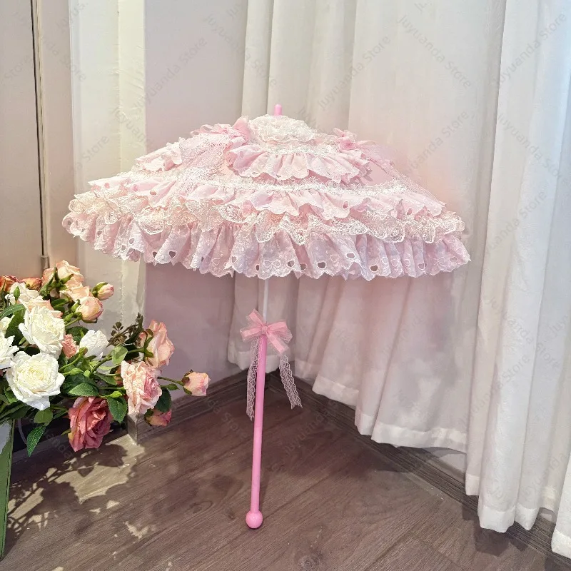 Handmade Lolita Umbrella Girl Heart Pink Flower Wedding Tea Party Small Ocean Umbrella Photography Props Lo Umbrella/spot