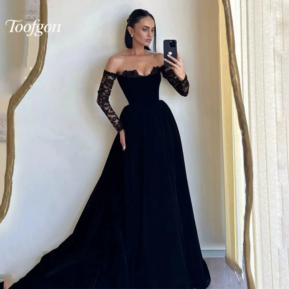 

Toofgon Elegant Sweetheart Long Sleeves Prom Dresses Velvet Black Lace Satin Dresses Women Floor Length Party Dress Customized