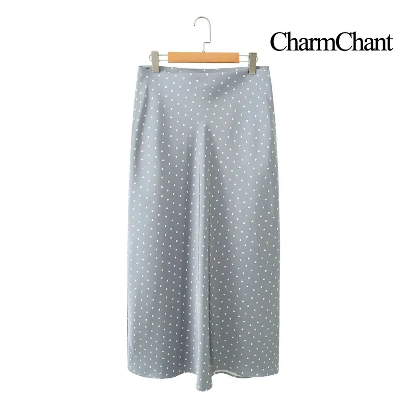 CHARMCHANT Polka Dot Midi Skirt For Women High Waisted Satin Slip Skirt Vintage A-Line Bias Cut Flowy Skirt Office Summer 2026