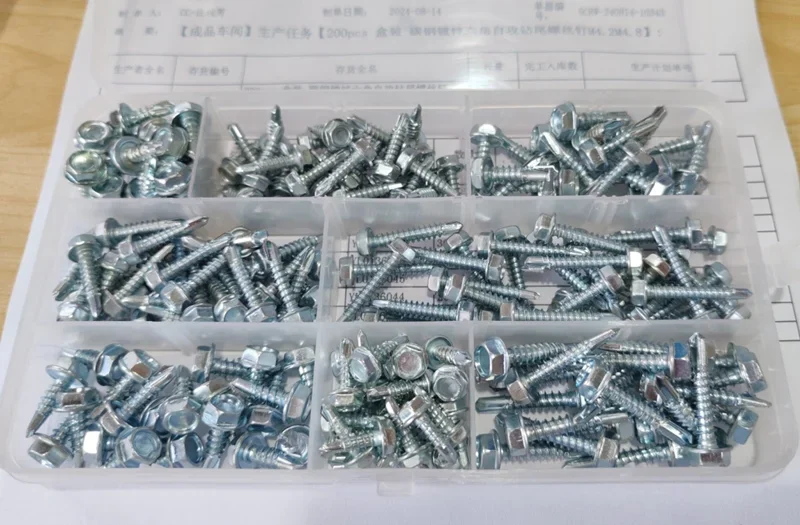 Juego surtido de tornillos de cola de taladro autorroscantes, de acero al carbono, cabeza hexagonal, 200 piezas