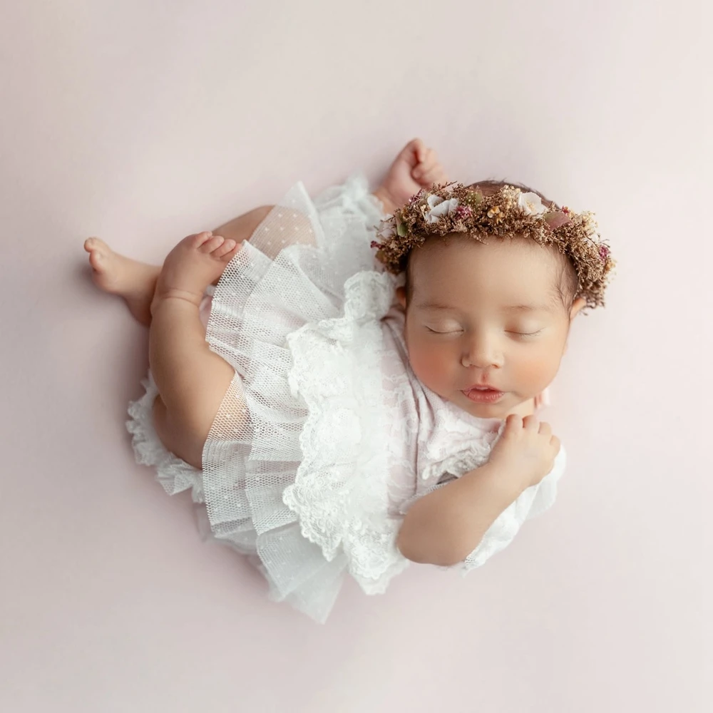 Newborn Photography Props Baby Girl White Lace Tulle Tutu Dress Ruffle Shoulder Infant Photo Shoot Outfit Newborn Prop