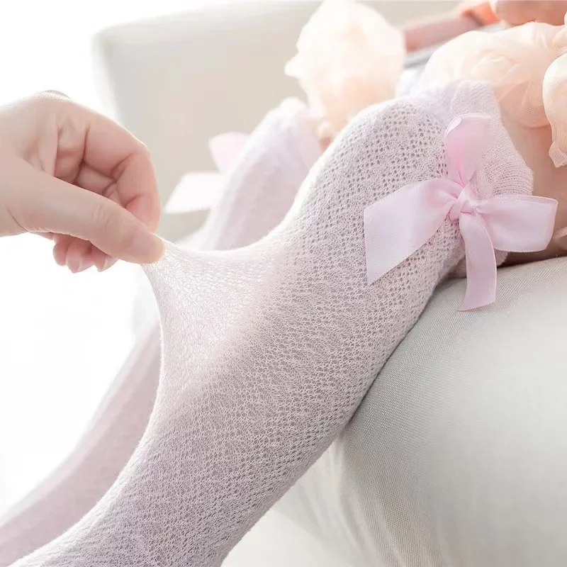 Spanish Style Baby Stockings Newborn Spring Summer Bow Mosquito Proof Socks Girl's Thin Candy Colored Bubble Soft Mesh Knee Sock