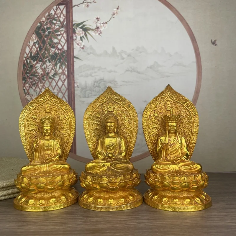 

Gilding Western Trinity Antique King of Tibet Sakyamuni Buddha Statue Home Worship Decorative Crafts Ornaments