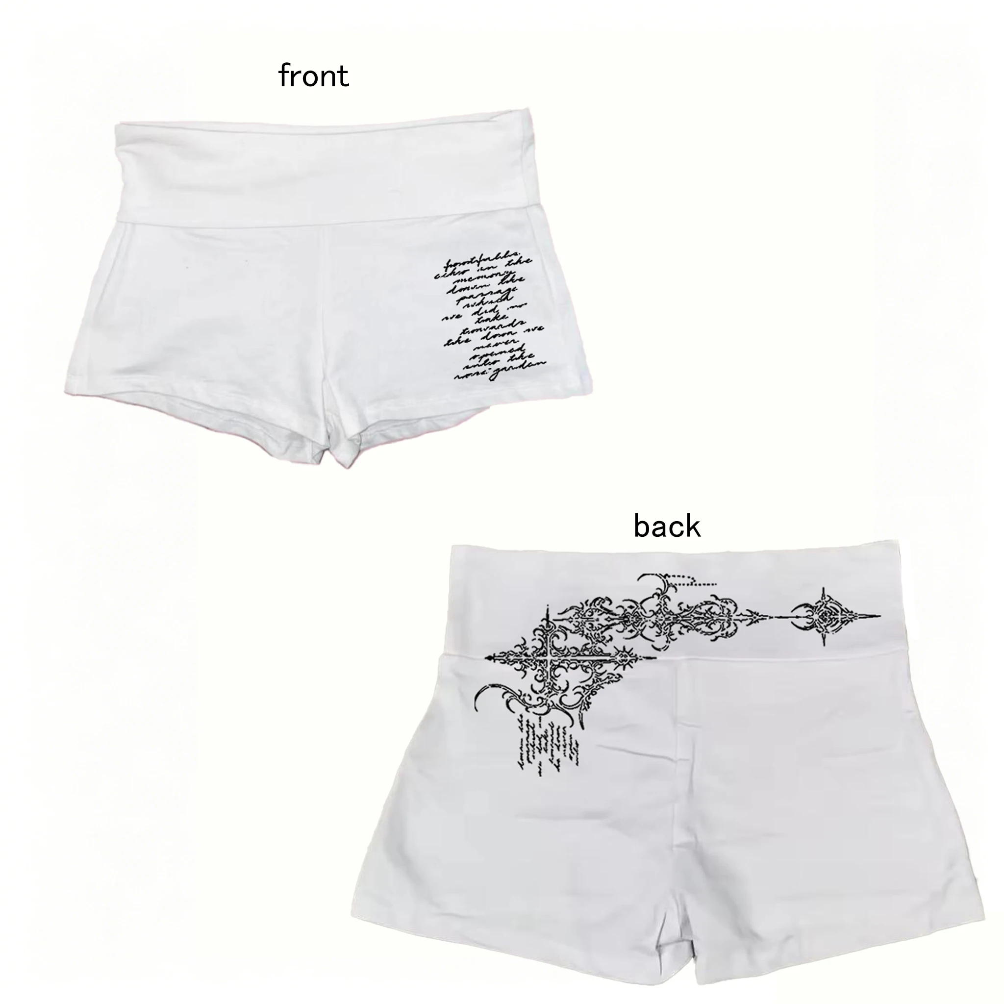 Women White High Waist Biker Shorts Front Letter Print Back Gothic Cross Stretch Skinny Summer Street Workout Mini Bottoms Y2K