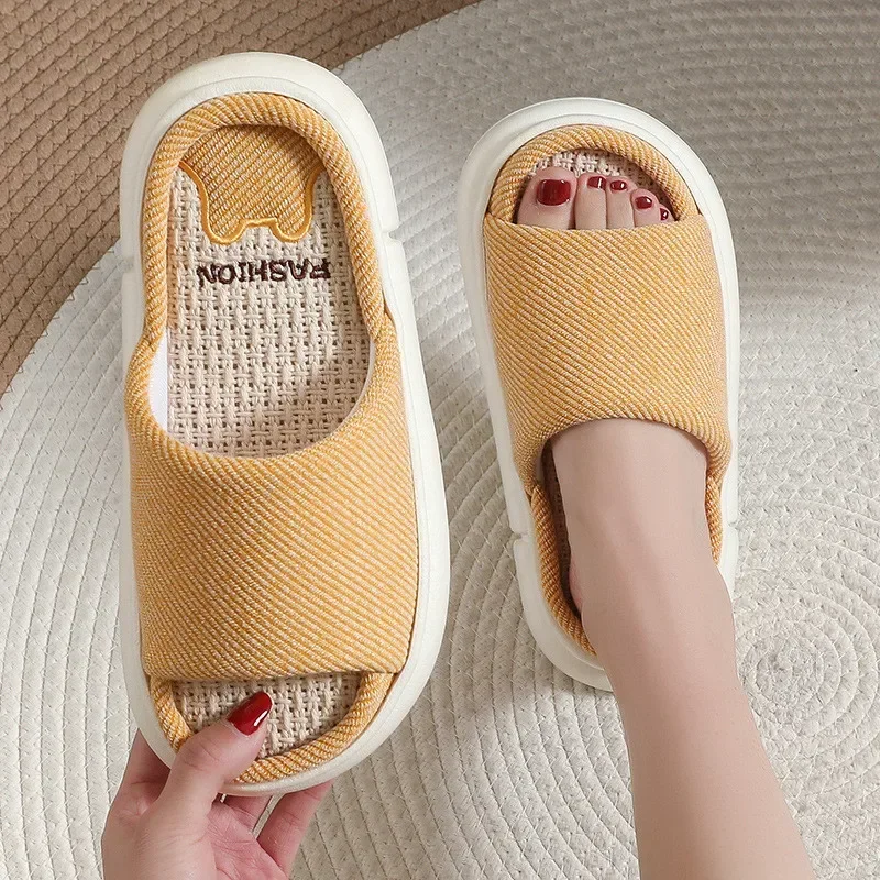 Couples Home Linen Slippers Women Indoor Soft Comfortable Bedroom Slides Men Leisure Non Slip House Shoes Platform Cotton Flats