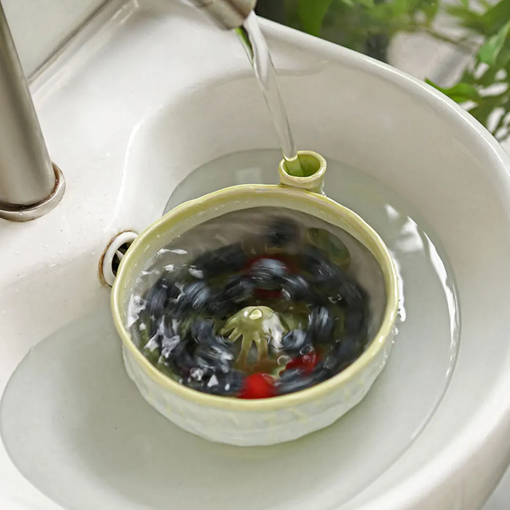 Ceramic Berry Washing Bowl With Drain Holes,Quick-Drain Rotating Produce Basket,Multipurpose Ceramic Frcuit Vegetable Rinse Bowl