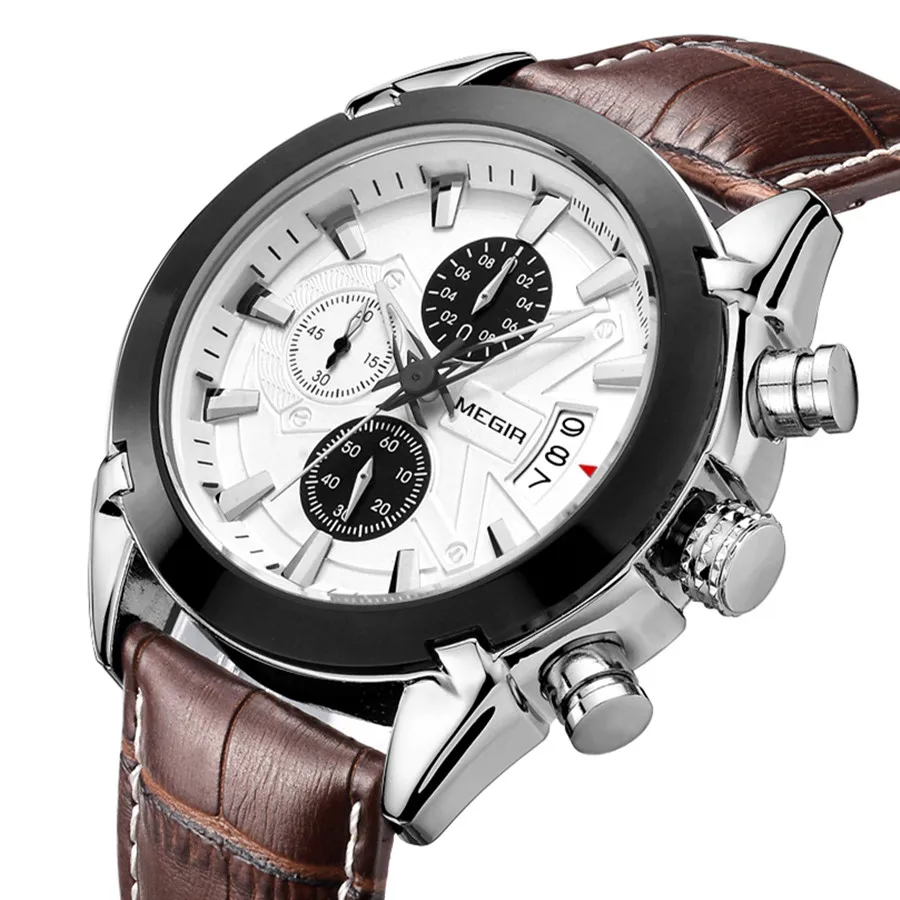 MEGIR 2020 ساعات كوارتز عصرية كاجوال متعددة الوظائف كرونوغراف تقويم مقاوم للماء حزام جلد طبيعي بني للرجال