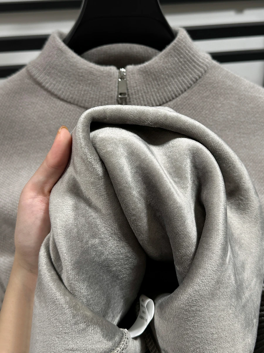 Suéter de punto para hombre con forro polar y media cremallera, ueso, de invierno, color o, estilo urbano, manga larga