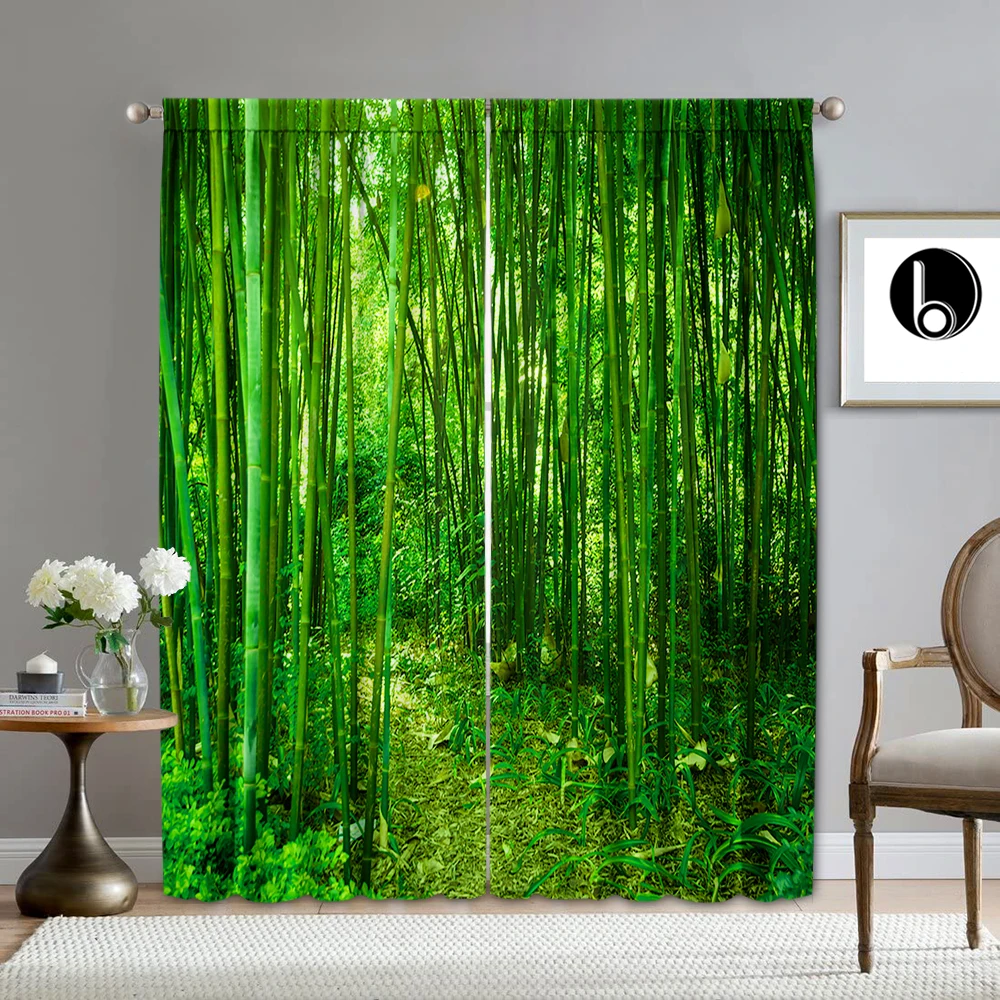 2PC Home Decoration Screen Curtain Green Forest Landscape Screen Curtain Suitable For Kitchen, Cafe, Living Room, Balcony