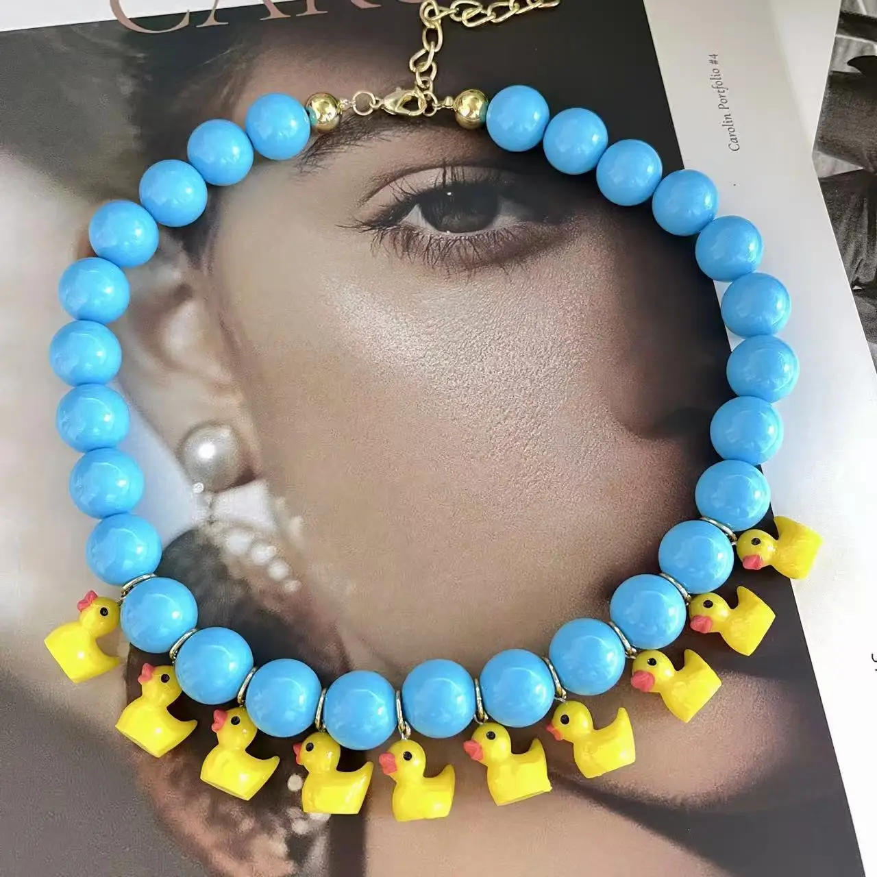 Lovely Yellow Duck Charm Necklace With Blue Acrylic Beads Fashion Sweet Ladies Daily Ornament