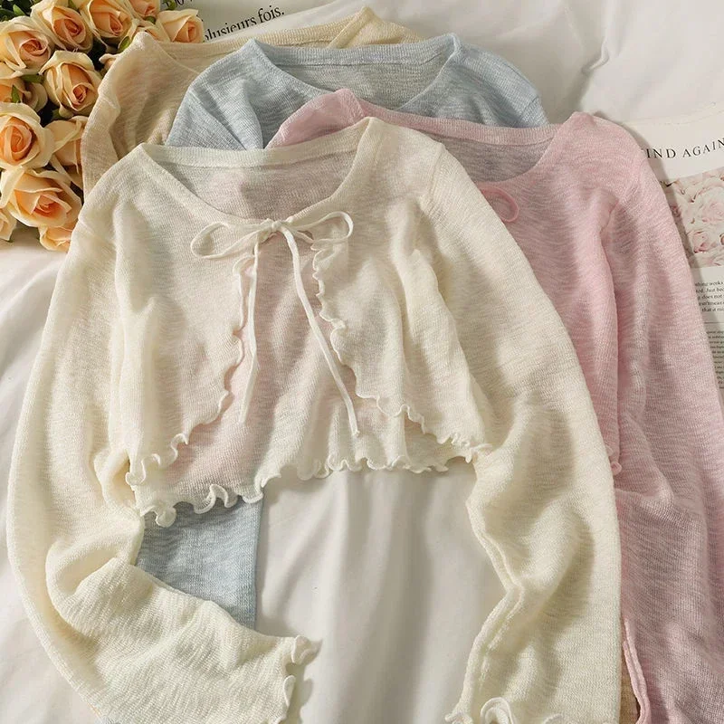 

Women Frenum Cardigan Blouses and Tops Bow Lace Up Long Sleeve Crop Top Female Elegant Shirt Thin Aesthetic Clothes Korean Style