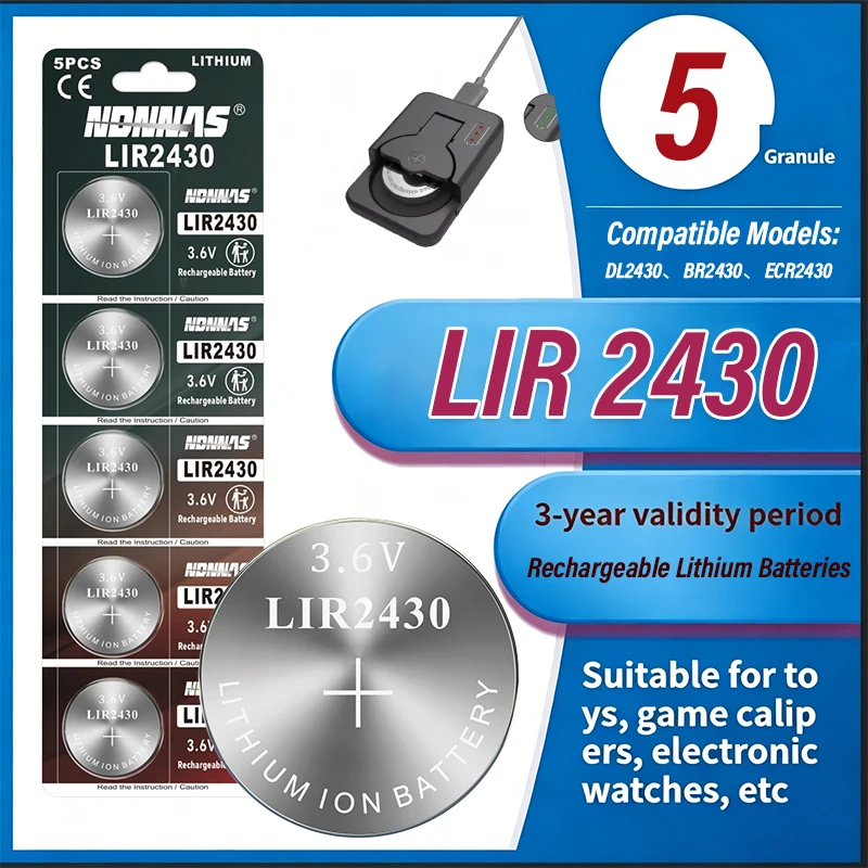 3.6V LIR2430 Rechargeable Li Ion Coin Button Cell 60mAh Lithium Battery CR2430 PD2430 DL2430 BR2430 For Small Electronic Devices