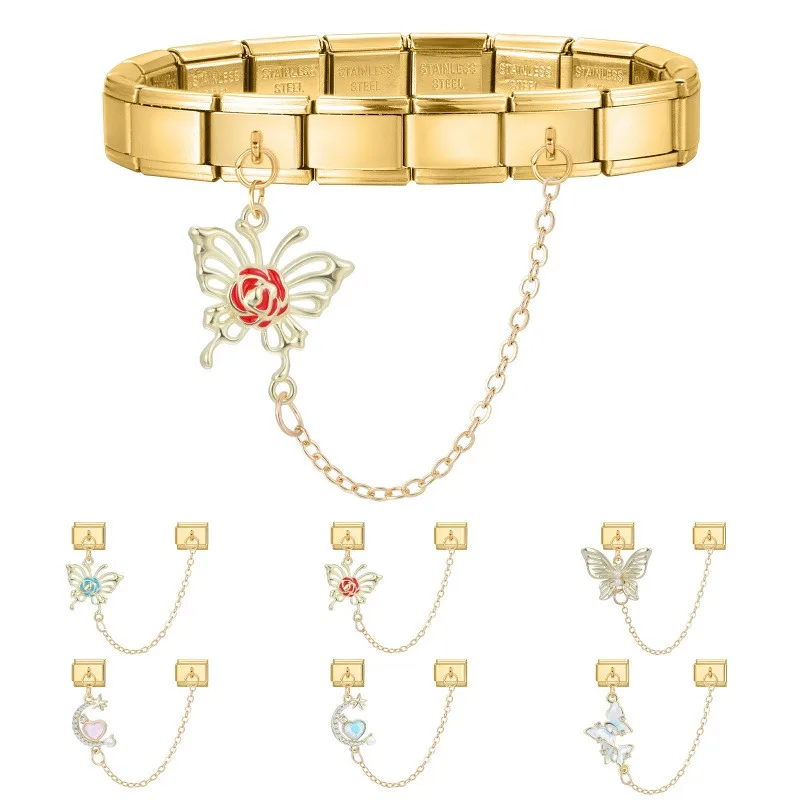 Color dorado, corazón rosa, estrella, cereza, Luna, cadena, borla, abalorio italiano, ajuste de pulsera de acero inoxidable de 9mm, regalos DIY para mujer